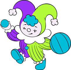 Cartoon jester juggling small and large blue balls balancing on foot, transparent background