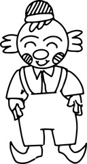 Clown is standing on clear bg in b and w line art with striped hat, necktie, copy space
