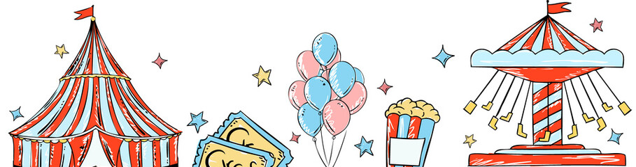Naklejka premium Flat carnival icons on transparent bg showing circus tent tickets balloons popcorn carousel stars