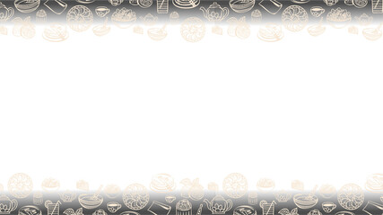 Hand drawn food and tea border is featuring teapots, noodles on transparent canvas, copy space