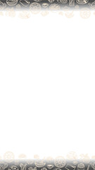 Flat line-art border showing breads, pastries and teacups on transparent background, copy space