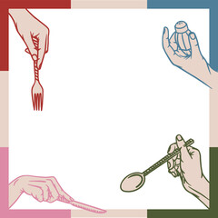 Transparent vector showing hands holding utensils, salt-shaker around blank rectangle, copy space