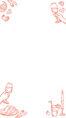Orange line-art border showing cupcake, wine glass and steak on transparent background, copy space