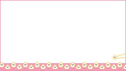 Cartoon dumplings are lining transparent background with pink border, chopsticks lifting one