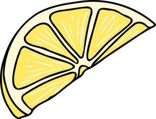 Cartoon-style lemon wedge is floating on transparent background, showing pale yellow segments