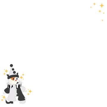 Fototapeta Cat is wearing Pierrot costume in flat monochrome with gold star sparkles, transparent background