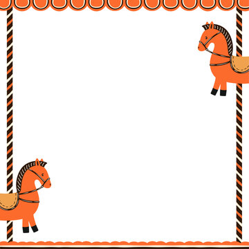 Fototapeta Flat border showing orange carousel horses on striped poles, transparent background, copy space