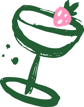 Naklejki Flat cocktail glass is showing pink strawberry on rim with green droplets on transparent background