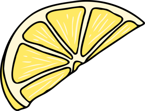 Cartoon-style lemon wedge is floating on transparent background, showing pale yellow segments - Powered by Adobe
