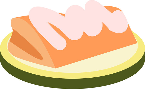 Naklejki Flat vector showing loaf-shaped pastry with pink icing on olive-green plate, transparent background