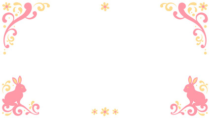 Ornamental frame is showing pink gold swirls, flower clusters and rabbits on transparent background