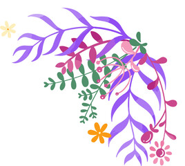 Abstract floral motif is featuring purple foliage, pink buds in flat design, transparent background