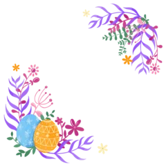 Fotobehang Vector corner frame is featuring patterned eggs and floral sprigs on transparent background © vectorfusionart