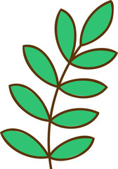 Showing flat design plant branch with paired green leaves on brown stem, transparent background