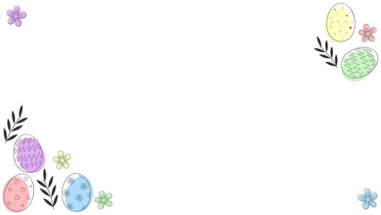 Fototapeta premium Flat design Easter border is featuring pastel eggs and blossoms on transparent backdrop, copy space