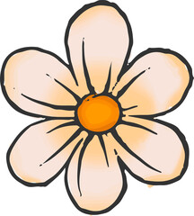 Cartoon-style flower is being shown on transparent background with six cream petals and orange core