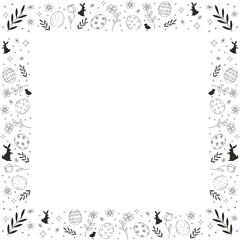 Fototapeta premium Sketch-style Easter border is featuring rabbits, eggs, flowers on transparent backdrop, copy space