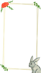 Flat design gold frame is featuring orange floral accents, gray rabbit, transparent background