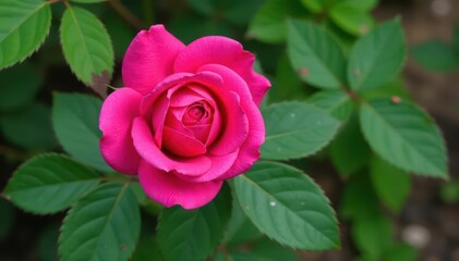 A vibrant pink rose, leaves speckled with pest damage , texture, close-up, spring