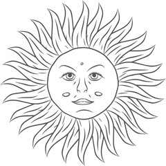 Featuring stylized sun face with flame tendrils and wavy rays in line art, transparent background