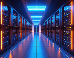 Futuristic data center illuminated by vibrant electric blue and orange lights, showcasing rows of high tech server racks. sleek design and glowing elements create captivating atmosphere