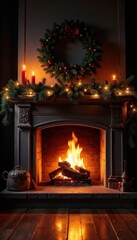 Cozy Christmas fireplace scene with glowing embers and festive garland , vintage, sparkling