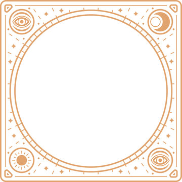 Fototapeta Showing golden frame defining empty circle featuring eye sun glyph sparkles on transparent backdrop