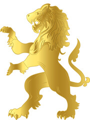 Gold heraldic lion is being shown in flat style with mane and claw details, transparent background