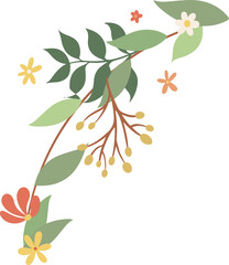 Branch is showing brown stem red-brown twigs yellow buds green leaves blooms vector transparent