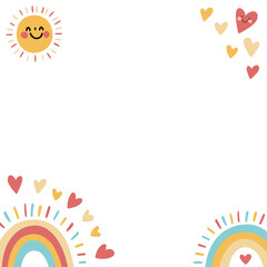Flat design is showing border with smiling suns, rainbow arcs and hearts on transparent background