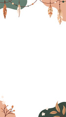 Showing bohemian border featuring beads with feathers, berries and leaves, transparent, copy space