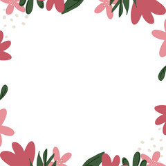 Flat design floral border is showing transparent background with pink red blossoms and green leaves