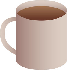 Minimalist vector mug sitting on transparent background, showing gradient shading and brown liquid