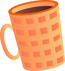 Displaying vector orange mug with handle and grid holding dark brown liquid transparent background