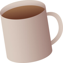 Flat graphic showing beige mug tilting with handle holding brown liquid on transparent background