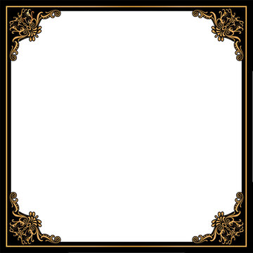 Fototapeta Flat square frame is showing blue panel with ornate golden corner flourish on transparent backdrop