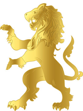 Gold heraldic lion is being shown in flat style with mane and claw details, transparent background
