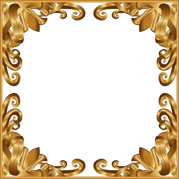 Fototapeta Vector ornate golden frame is showing scrolls with leaves and ribbon curls, transparent background