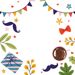 decorating transparent flat-frame with party doodles like flags hearts flowers gift box and coffee