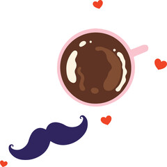 Flat design featuring pink coffee mug, swirls, navy moustache, red hearts, transparent background