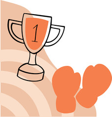 Flat design is showing trophy with 1 and boxing gloves on transparent background with beige arcs