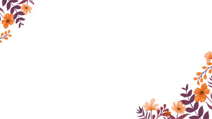 Flat border showing orange blossoms, magenta leaves, berry clusters on transparent area, copy space