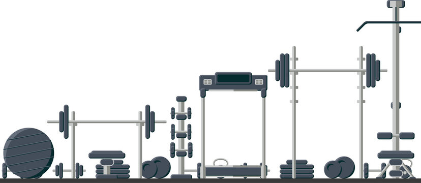 Fototapeta Showing flat design gym with free weights, cardio machines and cable pulley, transparent background