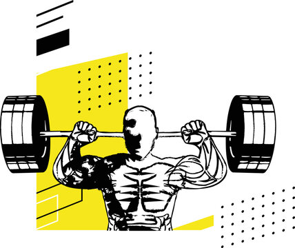 Fototapeta Muscular weightlifter is lifting barbell in graphic art with yellow grid and transparent background
