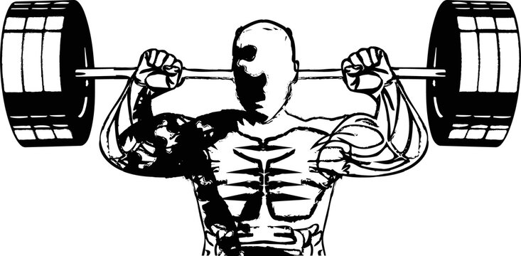 Fototapeta Shirtless belted bodybuilder is lifting barbell on transparent backdrop in flat design, copy space