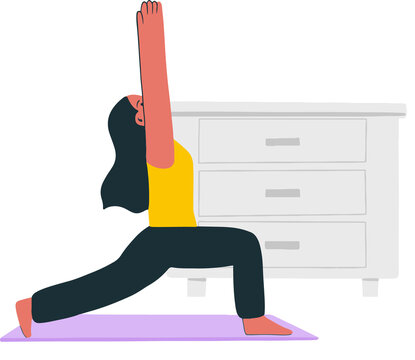 Fototapeta Woman is doing yoga lunge in flat design with lavender mat, white dresser, transparent background