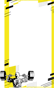 Fototapeta sketch weightlifter is raising barbell overhead on clear background with yellow stripes, copy space