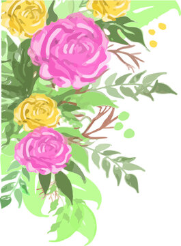Fototapeta Flat design is showing corner pink and yellow rose blooms, foliage and berries on transparent field