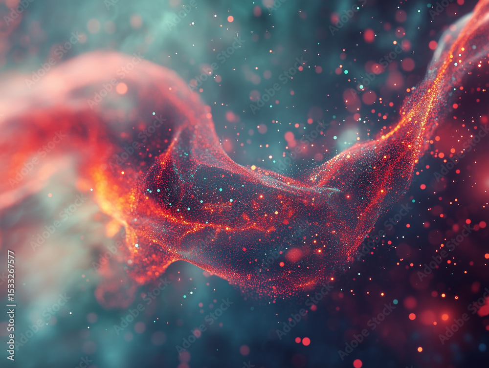 Aufkleber abstract flowing red particle stream on teal background with bokeh effect
