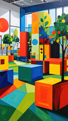 Brightly colored geometric shapes and trees create vibrant and playful atmosphere this public space, inviting interaction and creativity. artwork features bold colors and abstract forms
